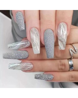 Long Style Bling Off-white Marbling 24 Pieces Set Fashion Fake Nail Wholesale Nail Stickers