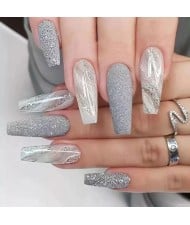 Long Style Bling Off-white Marbling 24 Pieces Set Fashion Fake Nail Wholesale Nail Stickers
