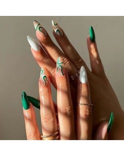 Green and White Water Ripple Pointed Toe 24 Pieces Set Fashion Fake Nail Wholesale Nail Stickers