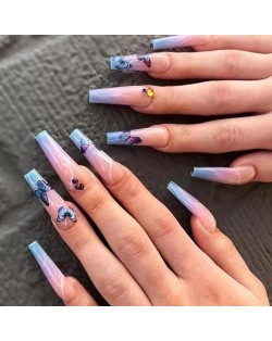Powder Blue Gradient Butterfly Pattern Long Style 24 Pieces Set Fake Nail Wholesale Nail Stickers