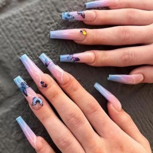 Powder Blue Gradient Butterfly Pattern Long Style 24 Pieces Set Fake Nail Wholesale Nail Stickers