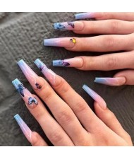 Powder Blue Gradient Butterfly Pattern Long Style 24 Pieces Set Fake Nail Wholesale Nail Stickers