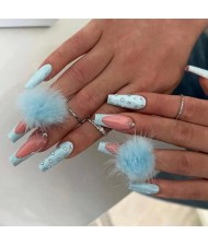 Blue Fur Ball Cute Rhinestone Long Model 24 Pieces Set Fake Nail Wholesale Nail Stickers