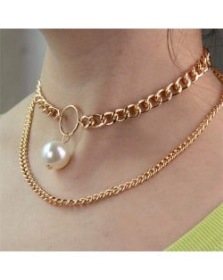 Pearl Pendant Dual Layers Chunky Chain Fashion Women Statement Costume Necklace
