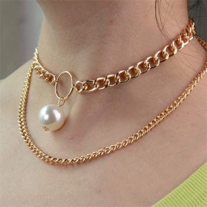 Pearl Pendant Dual Layers Chunky Chain Fashion Women Statement Costume Necklace