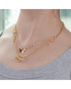 Golden Rings and Butterfly Pendants Dual Layers Chain Fashion Women Wholesale Statement Necklace