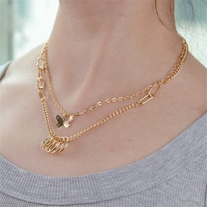 Golden Rings and Butterfly Pendants Dual Layers Chain Fashion Women Wholesale Statement Necklace