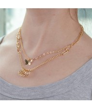 Golden Rings and Butterfly Pendants Dual Layers Chain Fashion Women Wholesale Statement Necklace