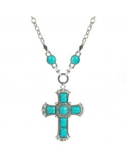 Vintage Turquoise Cross Women Wholesale Costume Necklace - Blue