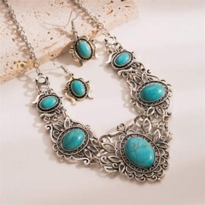 Vintage Vines Design Turquoise Inlaid Women Wholesale Costume Necklace and Earrings Set