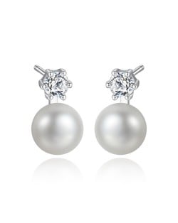 Simple Six Claw Design Cubic Zirconia Pearl Wholesale 925 Sterling Silver Earrings - White