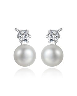 Simple Six Claw Design Cubic Zirconia Pearl Wholesale 925 Sterling Silver Earrings - White