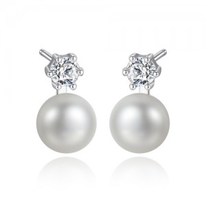 Simple Six Claw Design Cubic Zirconia Pearl Wholesale 925 Sterling Silver Earrings - White