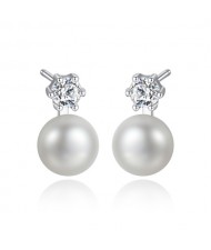 Simple Six Claw Design Cubic Zirconia Pearl Wholesale 925 Sterling Silver Earrings - White