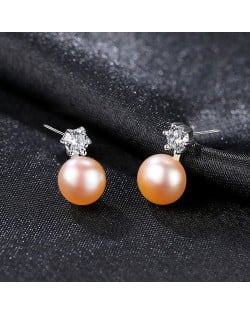 Simple Six Claw Design Cubic Zirconia Pearl Wholesale 925 Sterling Silver Earrings - Pink
