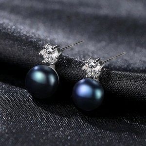 Simple Six Claw Design Cubic Zirconia Pearl Wholesale 925 Sterling Silver Earrings - Black