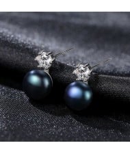 Simple Six Claw Design Cubic Zirconia Pearl Wholesale 925 Sterling Silver Earrings - Black