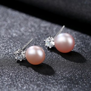 Simple Six Claw Design Cubic Zirconia Pearl Wholesale 925 Sterling Silver Earrings - Purple