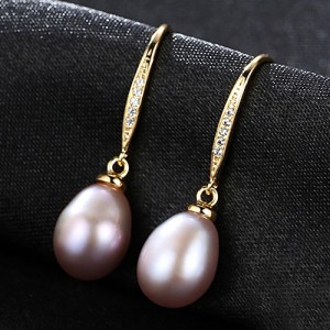 Water Drop Natural Pearl Pendant Wholesale 925 Sterling Silver Dangle Earrings - Purple