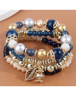 Four Layers Beads and Leaf Charm Design Wholesale Bracelet - Blue