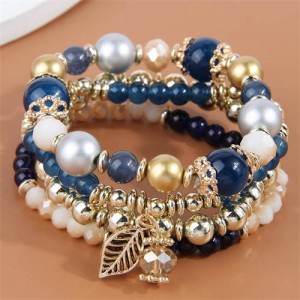 Four Layers Beads and Leaf Charm Design Wholesale Bracelet - Blue