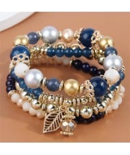Four Layers Beads and Leaf Charm Design Wholesale Bracelet - Blue