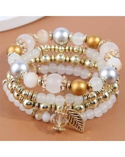 Four Layers Beads and Leaf Charm Design Wholesale Bracelet - White