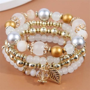 Four Layers Beads and Leaf Charm Design Wholesale Bracelet - White