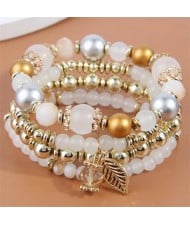Four Layers Beads and Leaf Charm Design Wholesale Bracelet - White