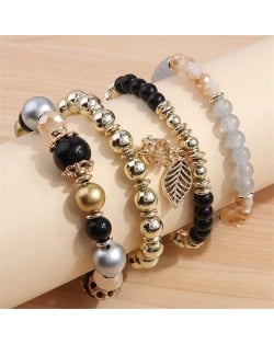 Four Layers Beads and Leaf Charm Design Wholesale Bracelet - Black