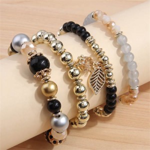 Four Layers Beads and Leaf Charm Design Wholesale Bracelet - Black