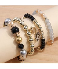 Four Layers Beads and Leaf Charm Design Wholesale Bracelet - Black