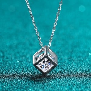 Fine Jewelry High Quality 0.5 Carat Moissanite Hollow-out Cube Pendant 925 Sterling Silver Necklace