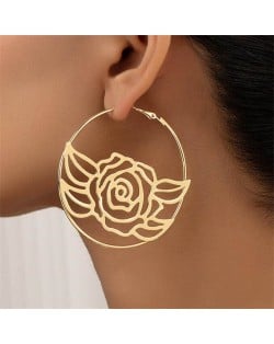 Exaggerated Fashion Rose Design Big Metallic Hoop Wholesale Women Costume Earrings