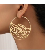 Exaggerated Fashion Rose Design Big Metallic Hoop Wholesale Women Costume Earrings