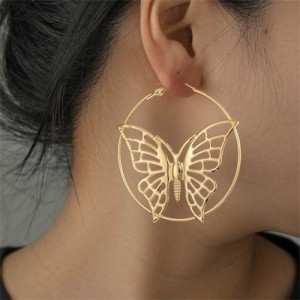 Exaggerated Fashion Butterfly Design Big Metallic Hoop Wholesale Women Costume Earrings