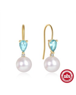 S925 Silver Blue Water Drop Stone Pearl Pendant Wholesale Women Hook Earrings - Golden