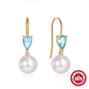 925 Sterling Silver Blue Water Drop Stone Pearl Pendant Wholesale Women Hook Earrings - Golden