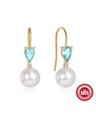 S925 Silver Blue Water Drop Stone Pearl Pendant Wholesale Women Hook Earrings - Golden