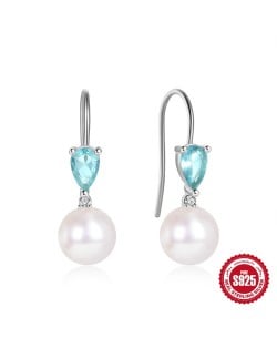 S925 Silver Blue Water Drop Stone Pearl Pendant Wholesale Women Hook Earrings - Silver