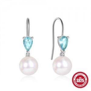 925 Sterling Silver Blue Water Drop Stone Pearl Pendant Wholesale Women Hook Earrings - Silver