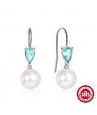 S925 Silver Blue Water Drop Stone Pearl Pendant Wholesale Women Hook Earrings - Silver
