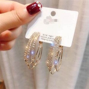 Rhinestone Embellished Triple Metallic Hoops Korean Fashion Wholesale Earrings