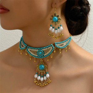 Vintage Artificial Turquoise Women Wholesale Beads Weaving Fashion Necklace and Earrings Set