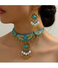 Vintage Artificial Turquoise Women Wholesale Beads Weaving Fashion Necklace and Earrings Set