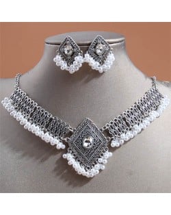 Vintage Rhombus Design Pearl Beads Tassel Women Wholesale Fashion Necklace and Earrings Set