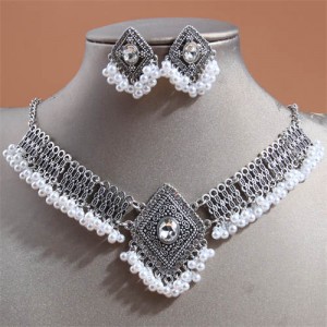 Vintage Rhombus Design Pearl Beads Tassel Women Wholesale Fashion Necklace and Earrings Set
