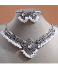 Vintage Rhombus Design Pearl Beads Tassel Women Wholesale Fashion Necklace and Earrings Set