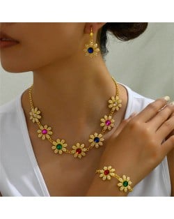 Colorful Rhinestone Inlaid Sweet Flower Design Women Wholesale Fashion Necklace and Earrings Set
