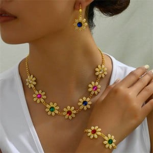 Colorful Rhinestone Inlaid Sweet Flower Design Women Wholesale Fashion Necklace and Earrings Set